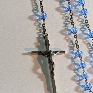 Sterling Silver Rosary with Cut Crystal Blue Beads 19" Italy New Old Stock